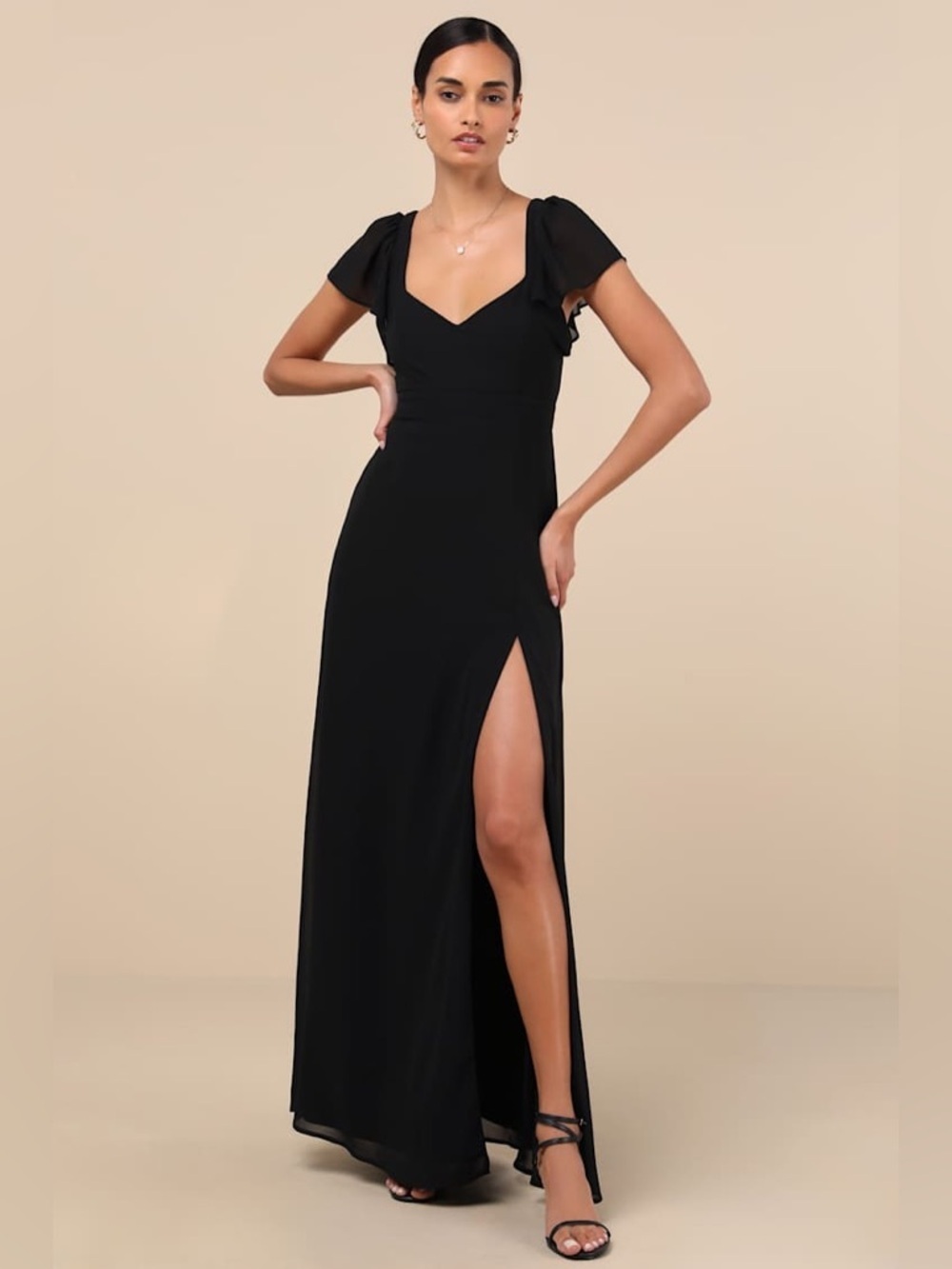LULU’S Simply Delightful Black Tie-Back Flutter Sleeve Maxi Dress